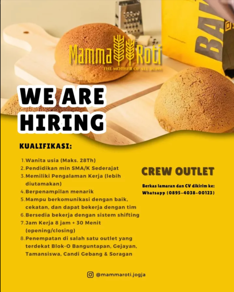 Lowongan Kerja Crew Outlet Mamma Roti di Yogyakarta